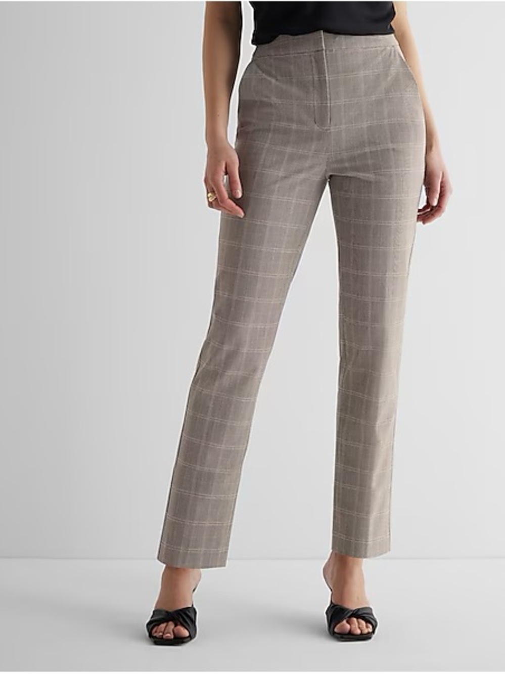 Express Women's Straight Ankle Leg Plaid Dress Pants in Taupe
